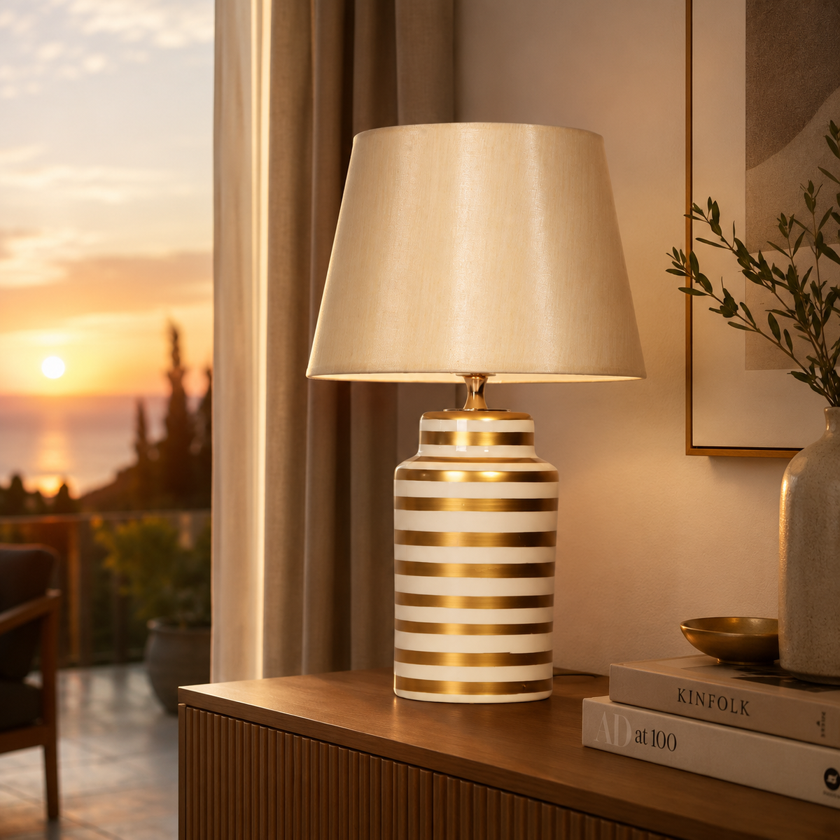 White & Gold Striped Ceramic Table Lamp, Ivory Shade Bedside Lamp
