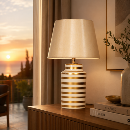 White & Gold Striped Ceramic Table Lamp, Ivory Shade Bedside Lamp