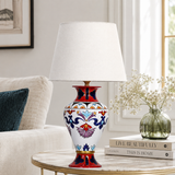 Folk Art Ceramic Table Lamp, Red & Blue Hand-Painted Urn Lamp