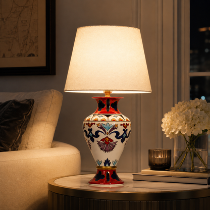 Folk Art Ceramic Table Lamp, Red & Blue Hand-Painted Urn Lamp