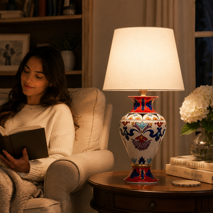 Folk Art Ceramic Table Lamp, Red & Blue Hand-Painted Urn Lamp