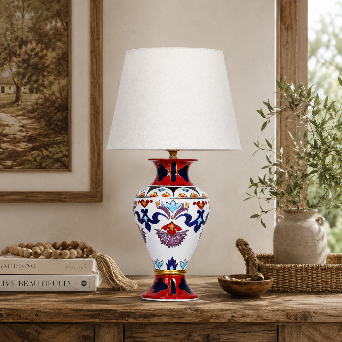 Folk Art Ceramic Table Lamp, Red & Blue Hand-Painted Urn Lamp
