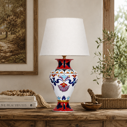 Folk Art Ceramic Table Lamp, Red & Blue Hand-Painted Urn Lamp