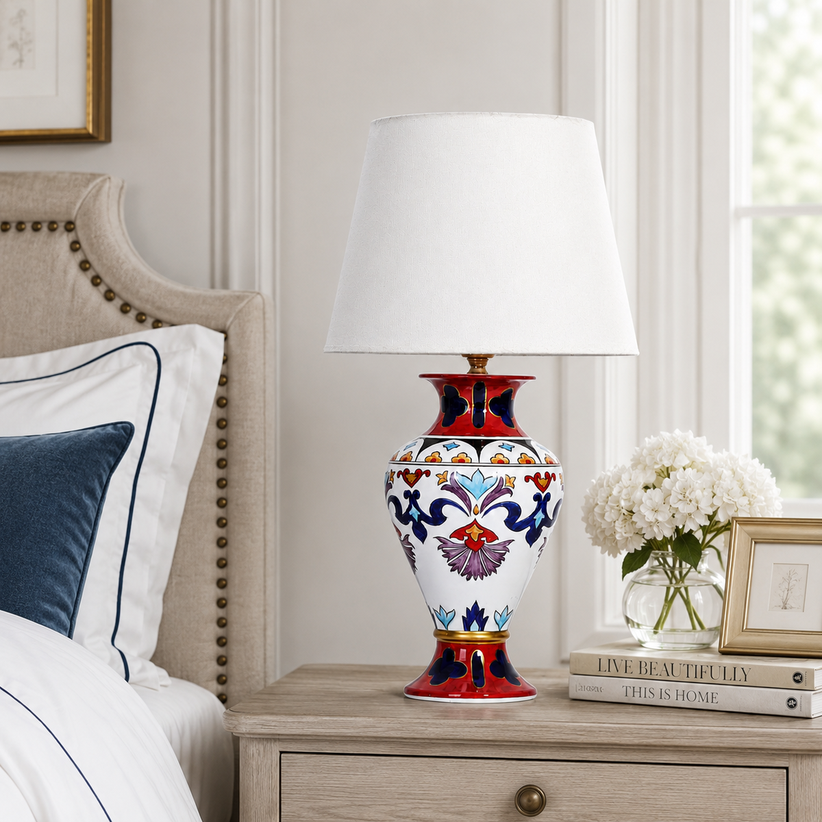 Folk Art Ceramic Table Lamp, Red & Blue Hand-Painted Urn Lamp