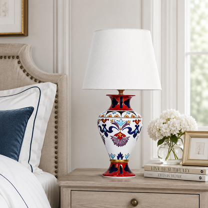 Folk Art Ceramic Table Lamp, Red & Blue Hand-Painted Urn Lamp