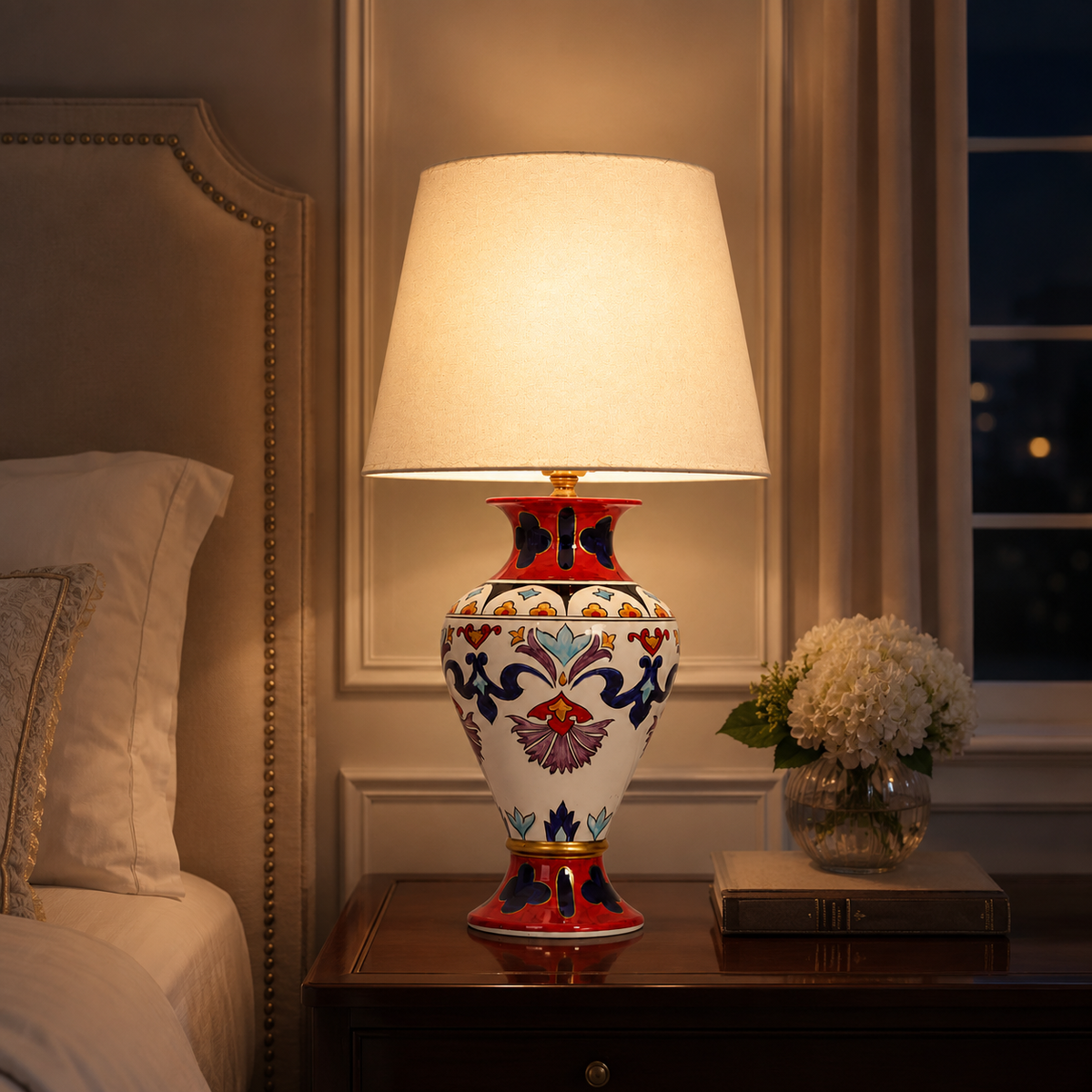 Folk Art Ceramic Table Lamp, Red & Blue Hand-Painted Urn Lamp