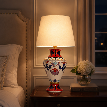 Folk Art Ceramic Table Lamp, Red & Blue Hand-Painted Urn Lamp