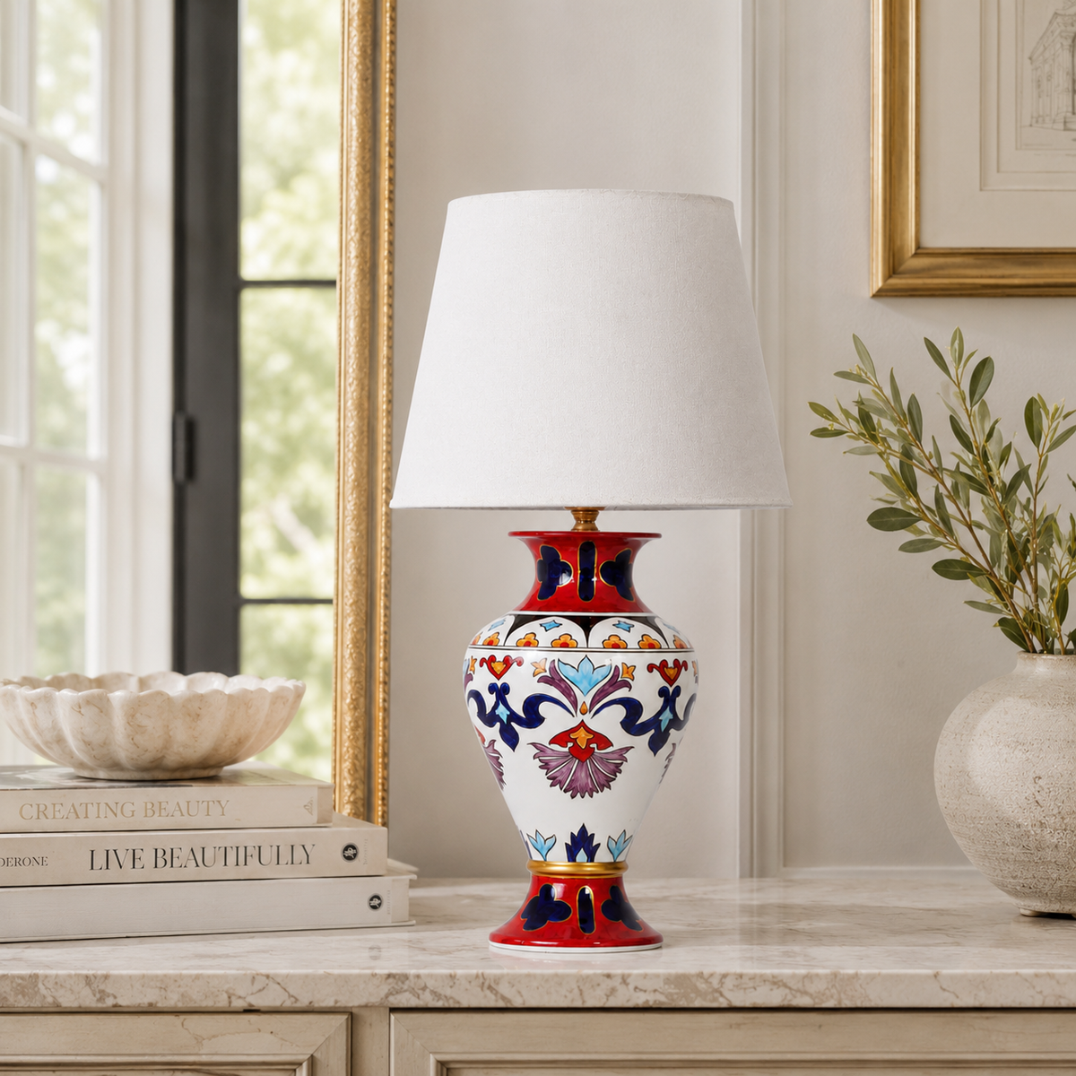 Folk Art Ceramic Table Lamp, Red & Blue Hand-Painted Urn Lamp