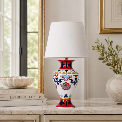 Folk Art Ceramic Table Lamp, Red & Blue Hand-Painted Urn Lamp