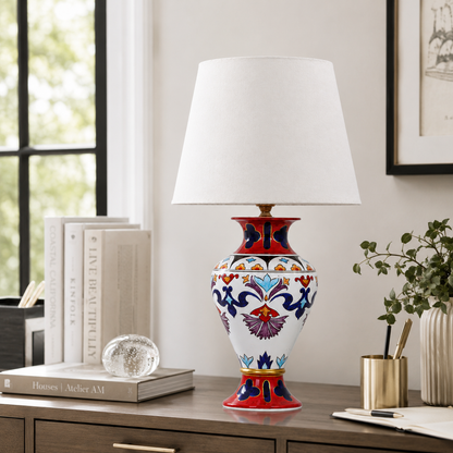 Folk Art Ceramic Table Lamp, Red & Blue Hand-Painted Urn Lamp
