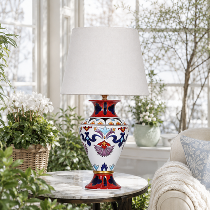 Folk Art Ceramic Table Lamp, Red & Blue Hand-Painted Urn Lamp