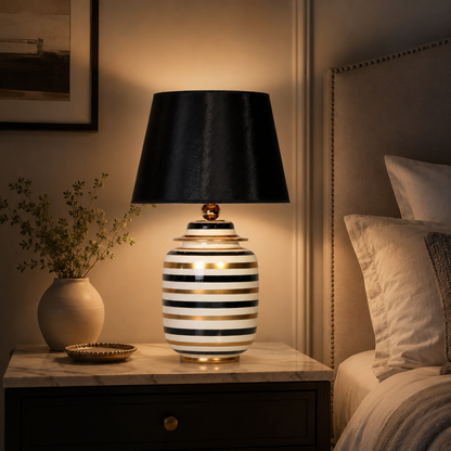 Black, White & Gold Striped Ceramic Ginger Jar Table Lamp