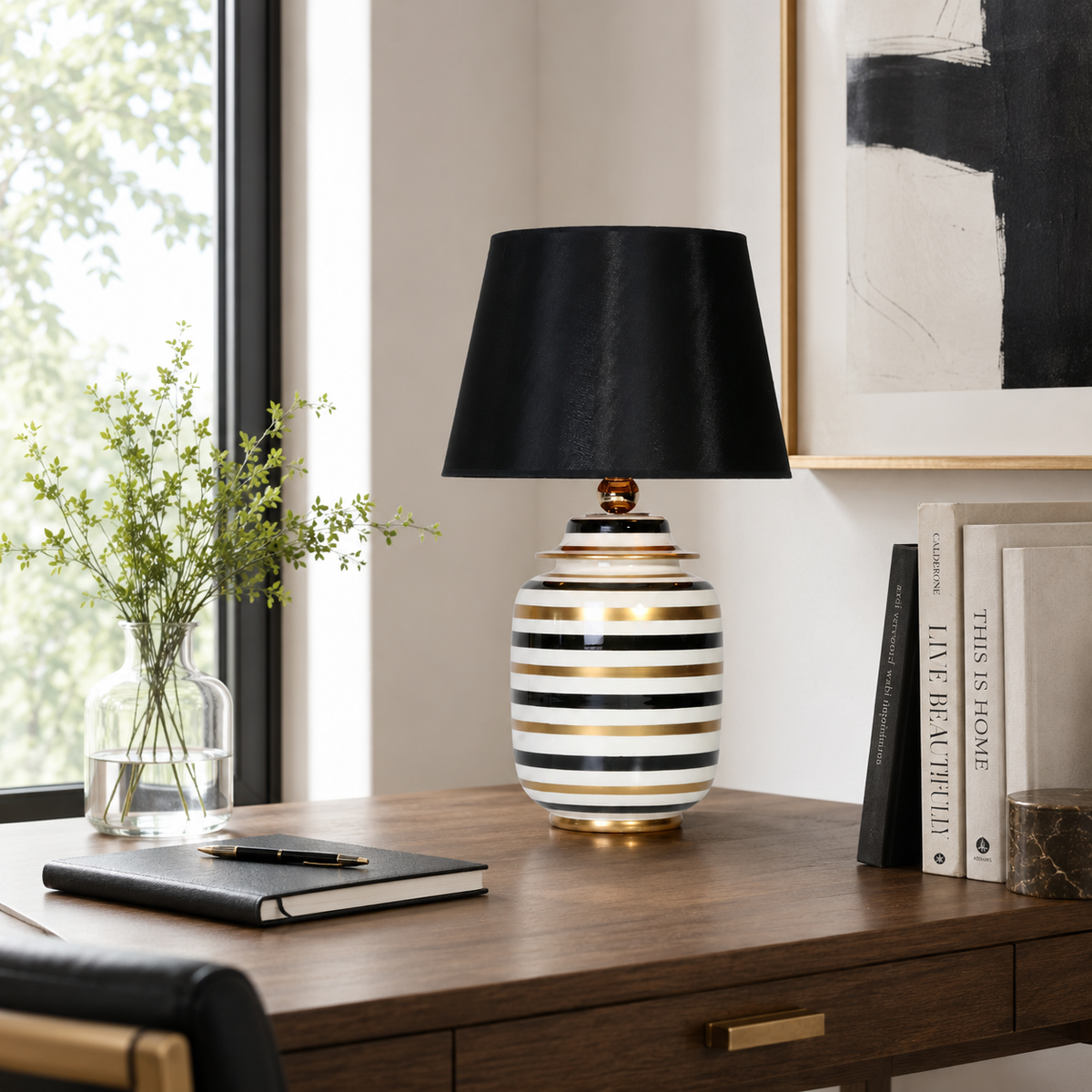 Black, White & Gold Striped Ceramic Ginger Jar Table Lamp