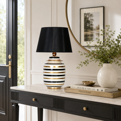 Black, White & Gold Striped Ceramic Ginger Jar Table Lamp