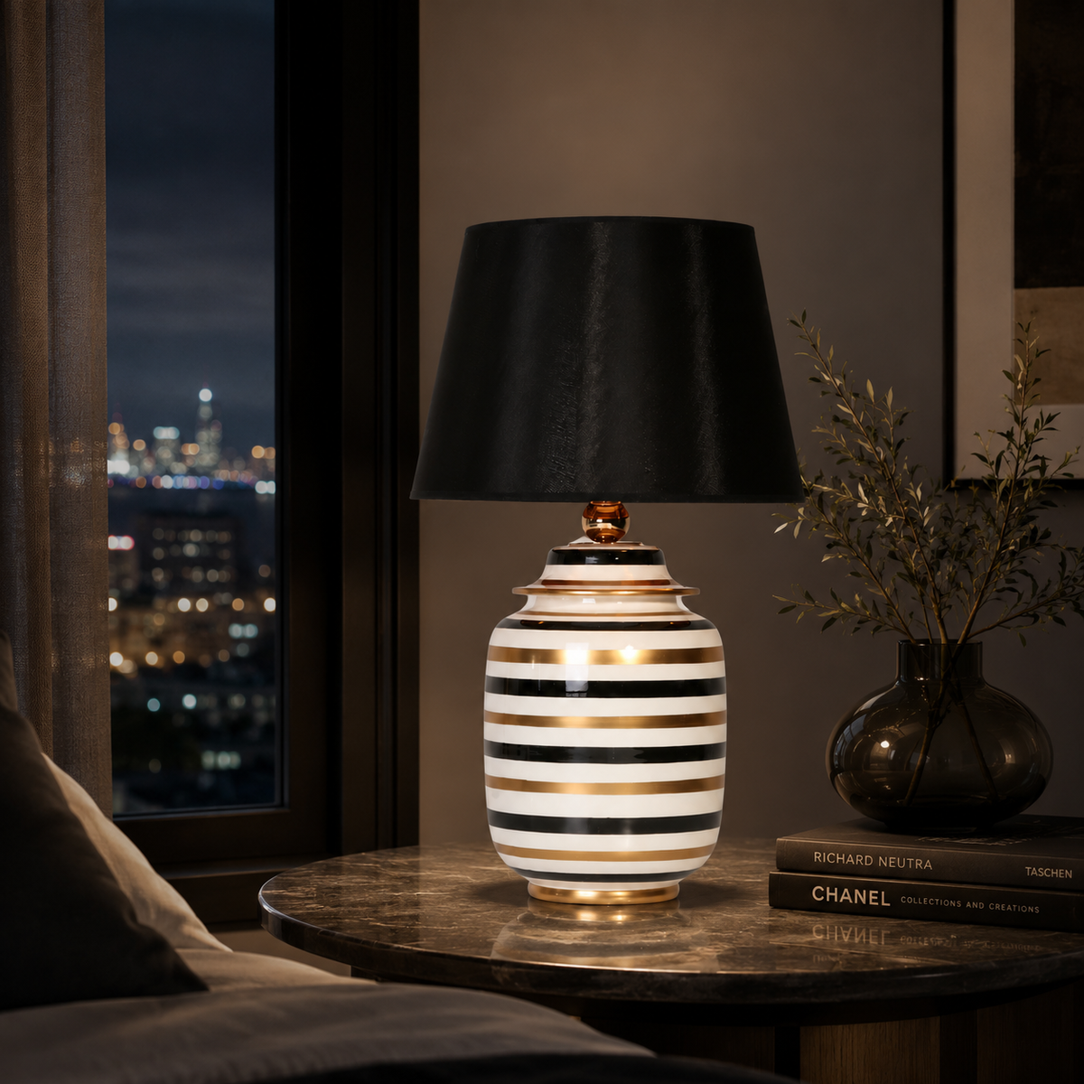 Black, White & Gold Striped Ceramic Ginger Jar Table Lamp