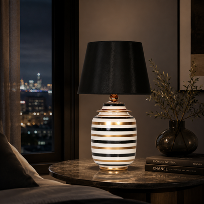 Black, White & Gold Striped Ceramic Ginger Jar Table Lamp