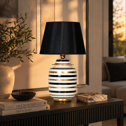 Black, White & Gold Striped Ceramic Ginger Jar Table Lamp