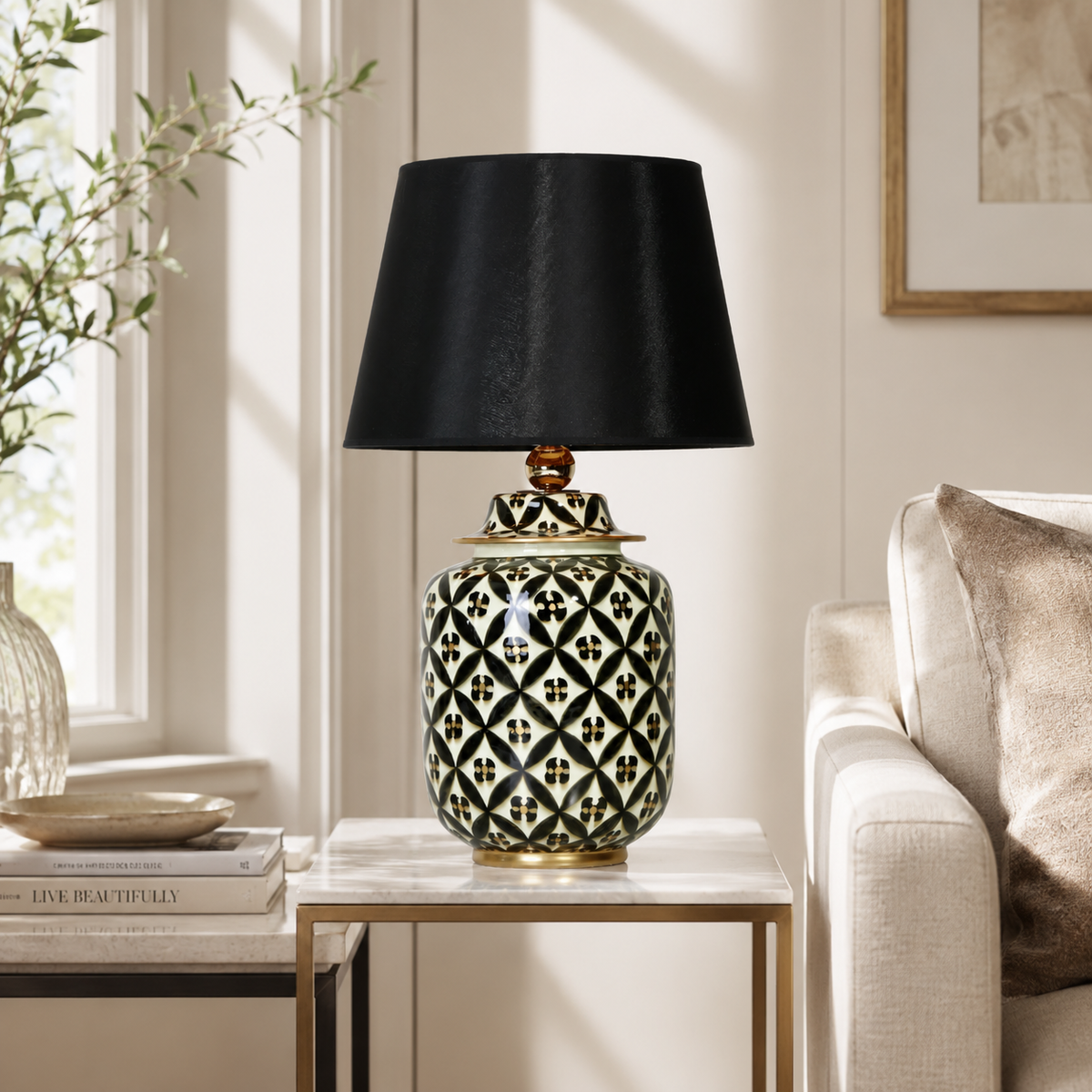 Black & White Lattice Ceramic Ginger Jar Table Lamp, Black Shade