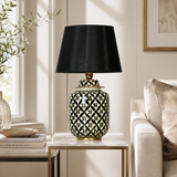 Black & White Lattice Ceramic Ginger Jar Table Lamp, Black Shade