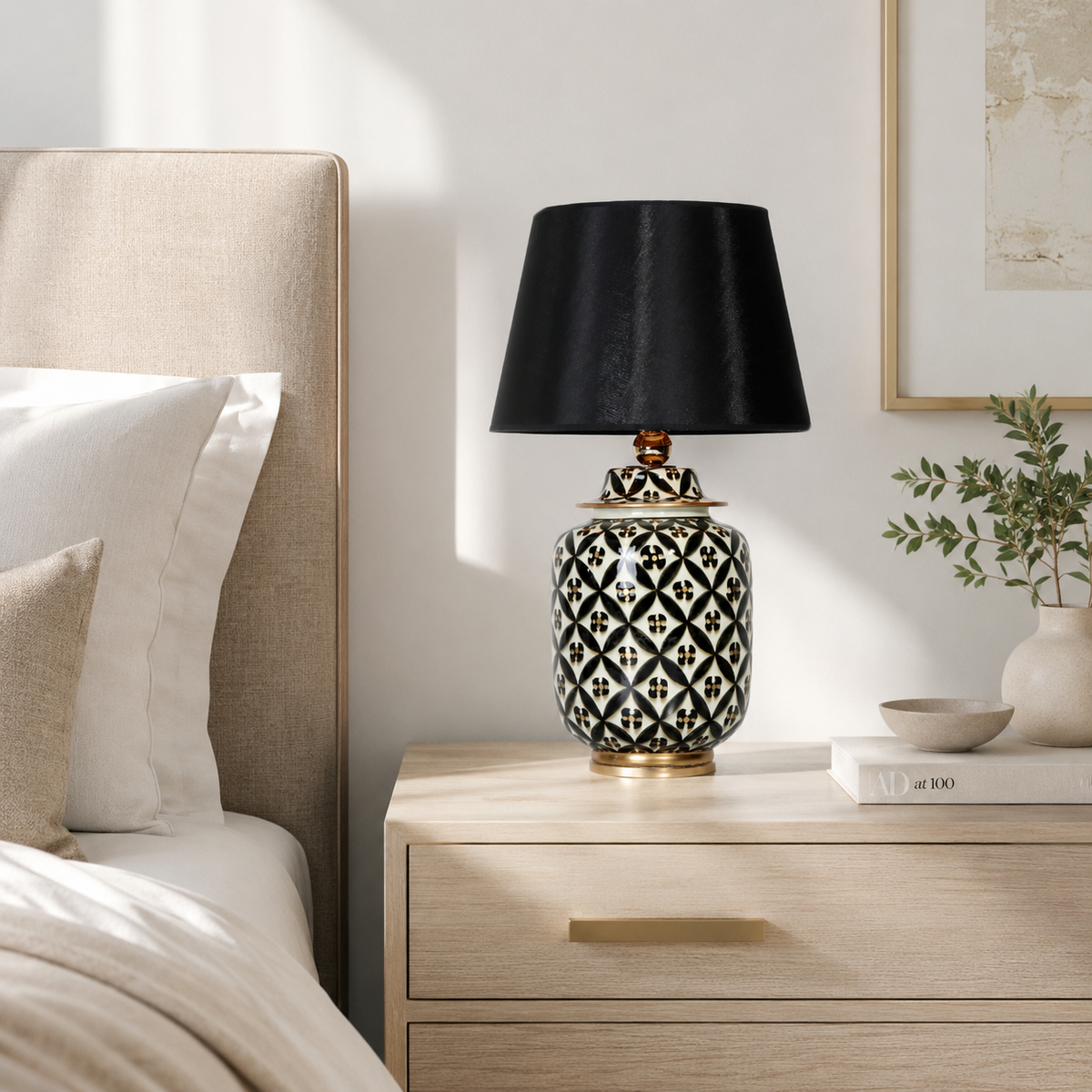Black & White Lattice Ceramic Ginger Jar Table Lamp, Black Shade
