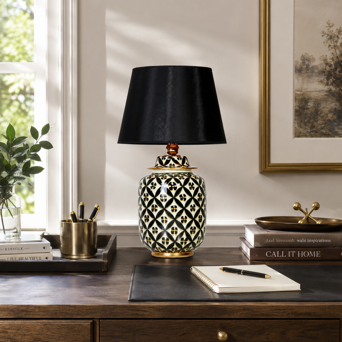 Black & White Lattice Ceramic Ginger Jar Table Lamp, Black Shade