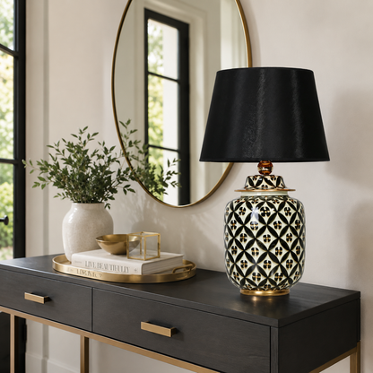 Black & White Lattice Ceramic Ginger Jar Table Lamp, Black Shade