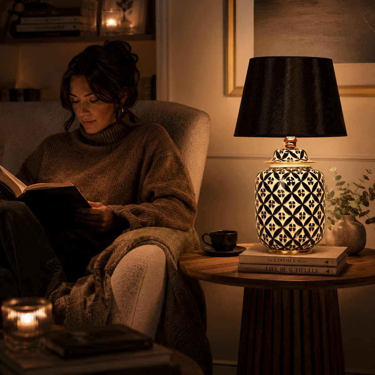 Black & White Lattice Ceramic Ginger Jar Table Lamp, Black Shade