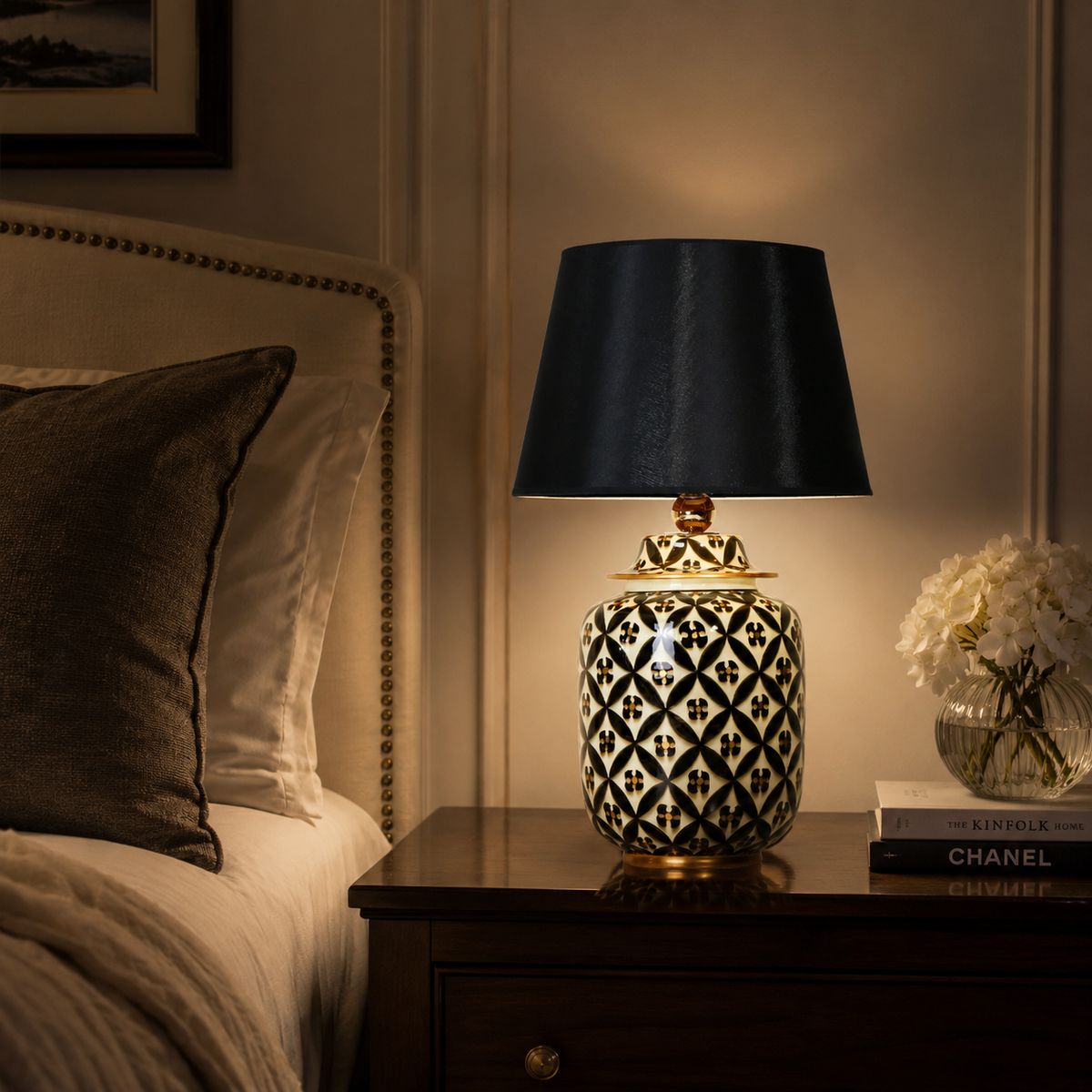 Black & White Lattice Ceramic Ginger Jar Table Lamp, Black Shade