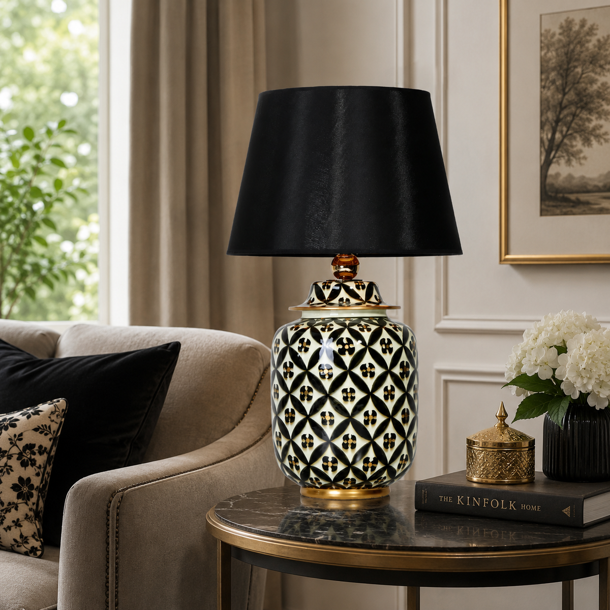 Black & White Lattice Ceramic Ginger Jar Table Lamp, Black Shade