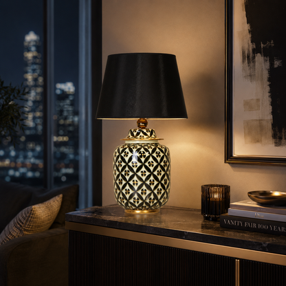 Black & White Lattice Ceramic Ginger Jar Table Lamp, Black Shade
