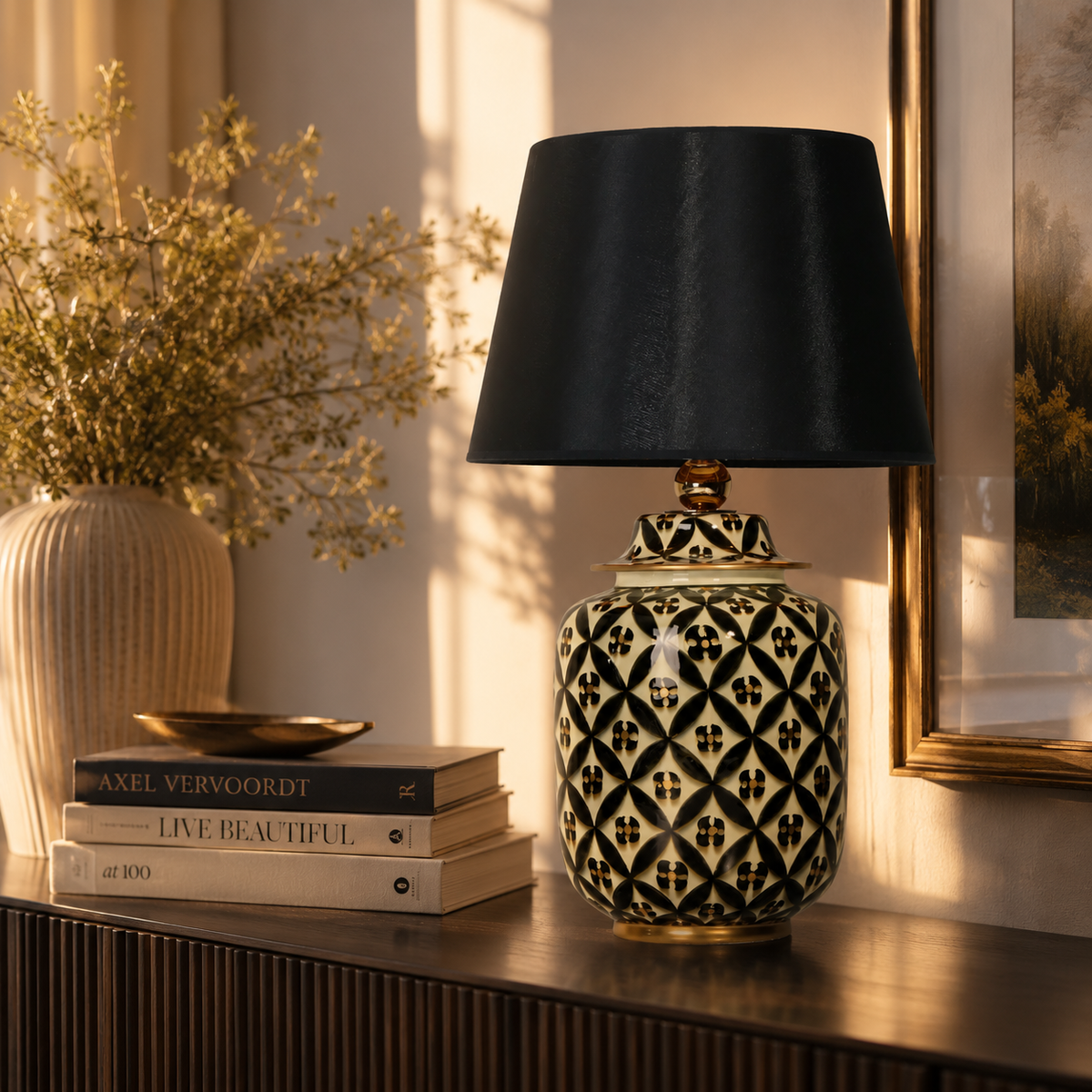 Black & White Lattice Ceramic Ginger Jar Table Lamp, Black Shade