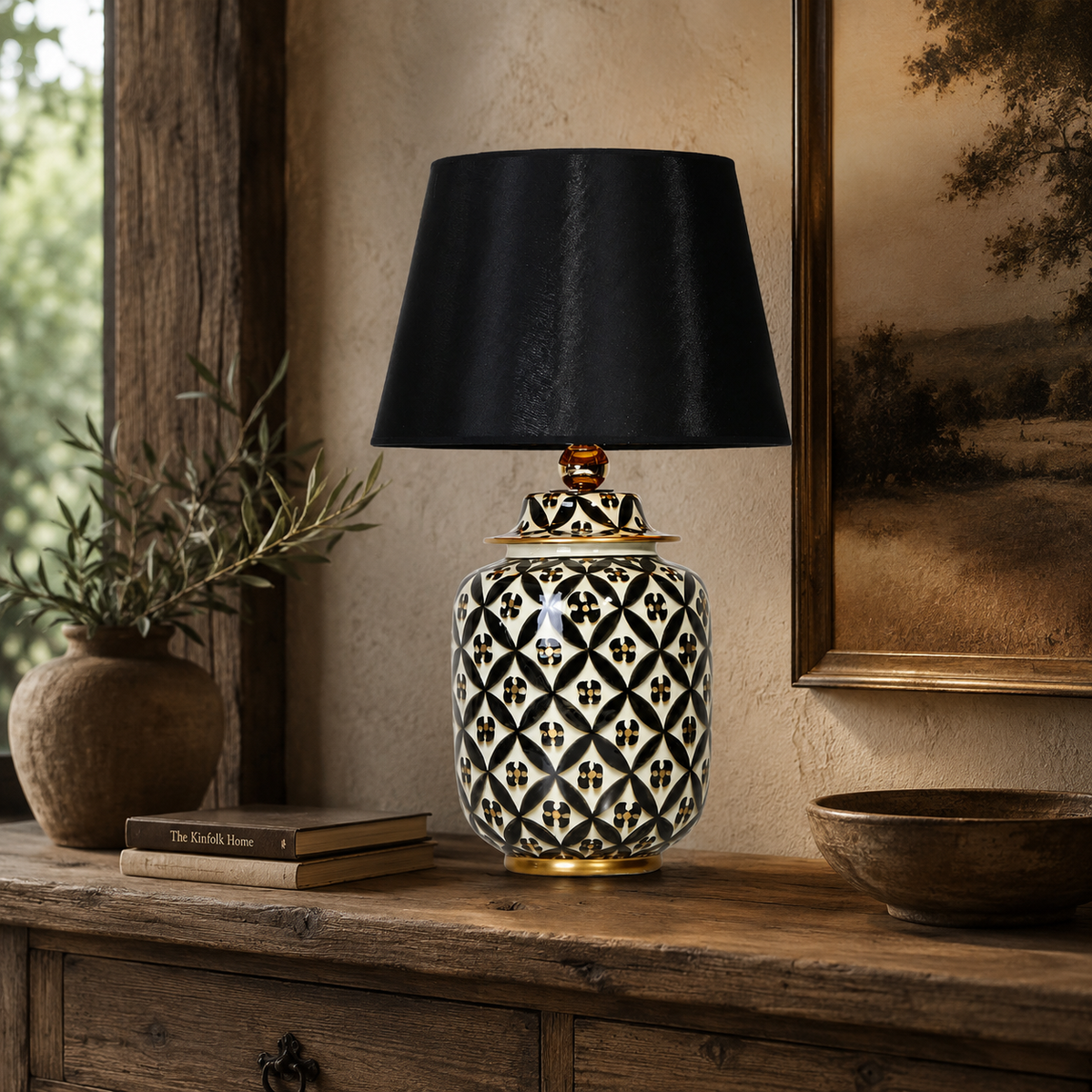 Black & White Lattice Ceramic Ginger Jar Table Lamp, Black Shade
