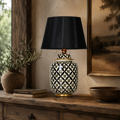 Black & White Lattice Ceramic Ginger Jar Table Lamp, Black Shade