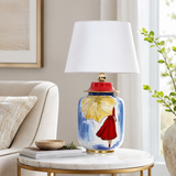 Hand-Painted Blue Ceramic Table Lamp, Woman with Yellow Umbrella