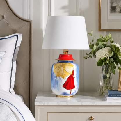 Hand-Painted Blue Ceramic Table Lamp, Woman with Yellow Umbrella