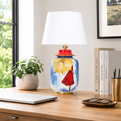 Hand-Painted Blue Ceramic Table Lamp, Woman with Yellow Umbrella