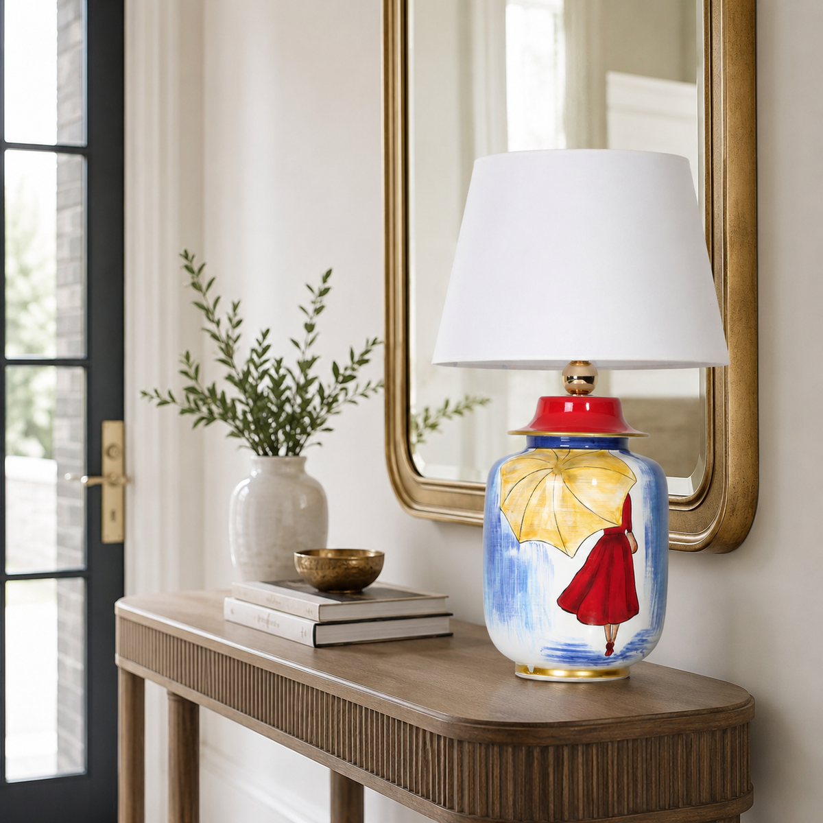 Hand-Painted Blue Ceramic Table Lamp, Woman with Yellow Umbrella