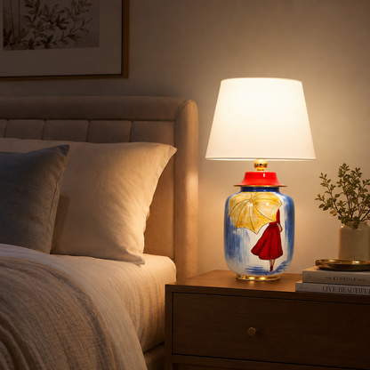 Hand-Painted Blue Ceramic Table Lamp, Woman with Yellow Umbrella