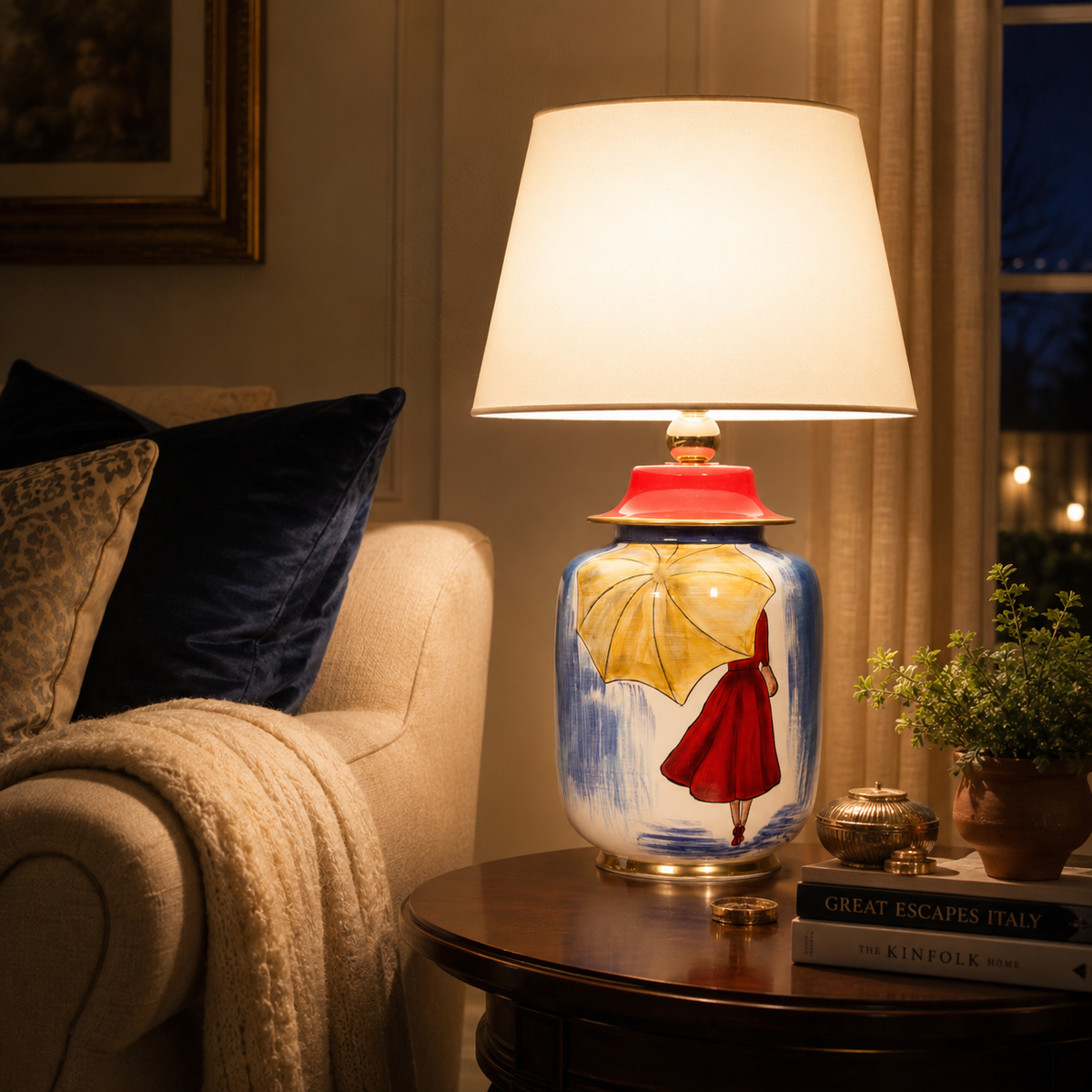Hand-Painted Blue Ceramic Table Lamp, Woman with Yellow Umbrella