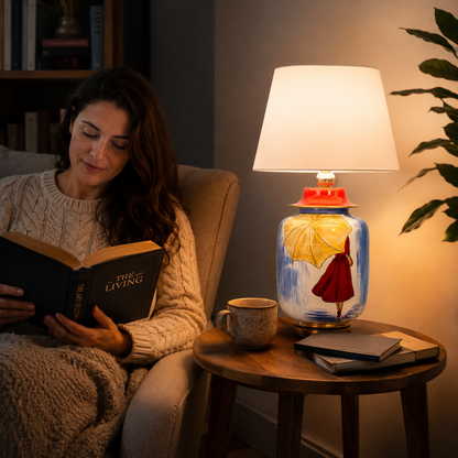 Hand-Painted Blue Ceramic Table Lamp, Woman with Yellow Umbrella