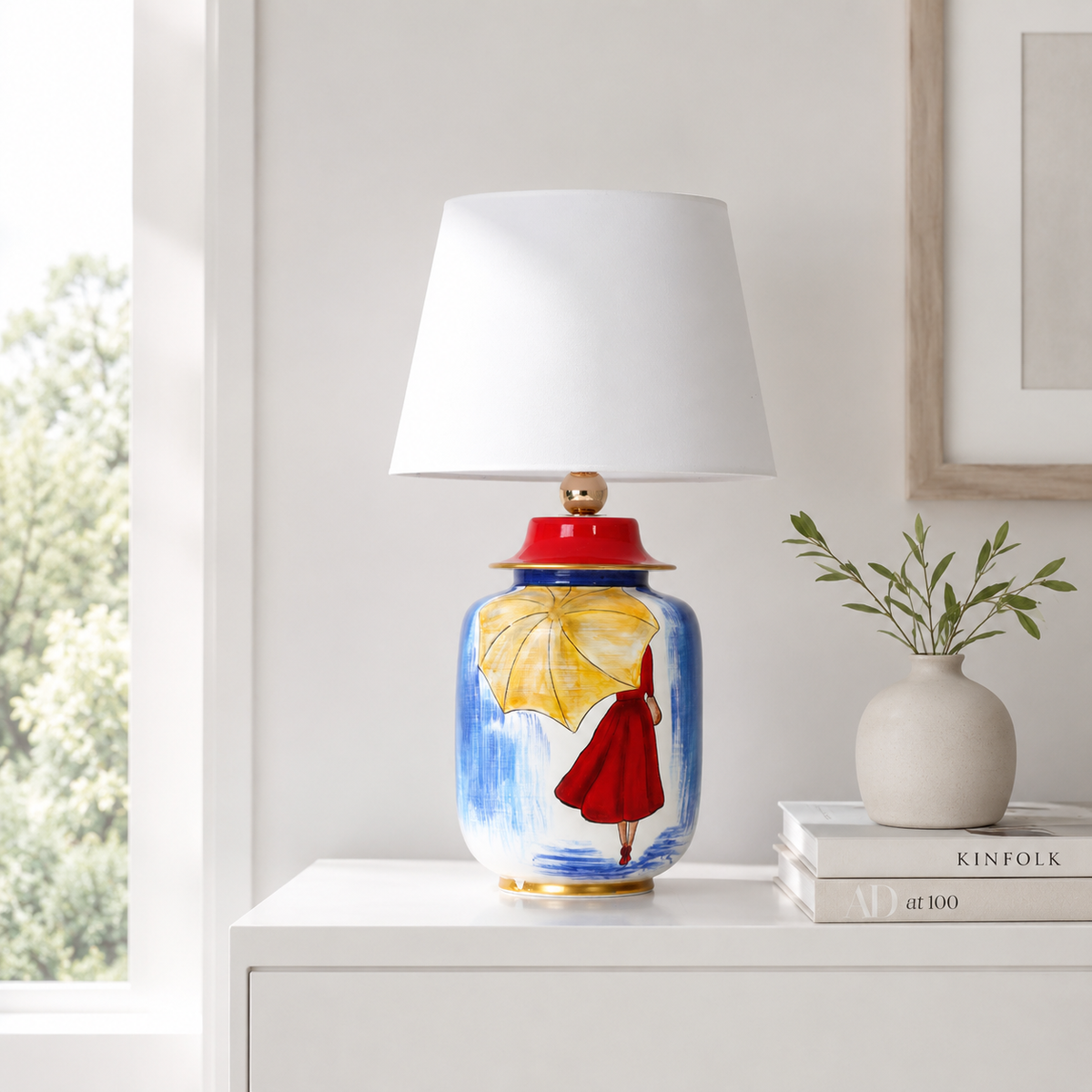 Hand-Painted Blue Ceramic Table Lamp, Woman with Yellow Umbrella