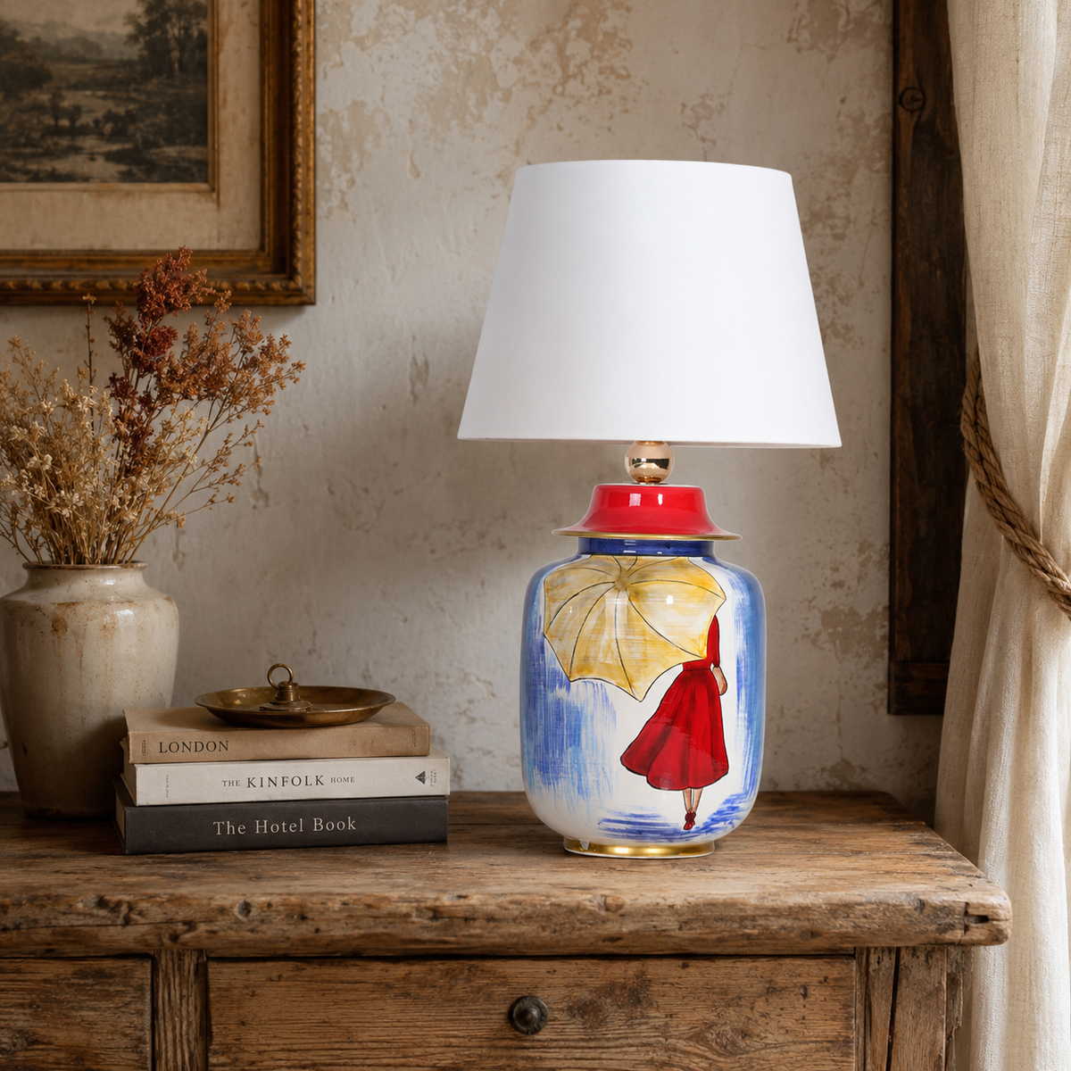 Hand-Painted Blue Ceramic Table Lamp, Woman with Yellow Umbrella