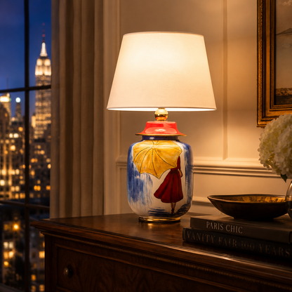 Hand-Painted Blue Ceramic Table Lamp, Woman with Yellow Umbrella