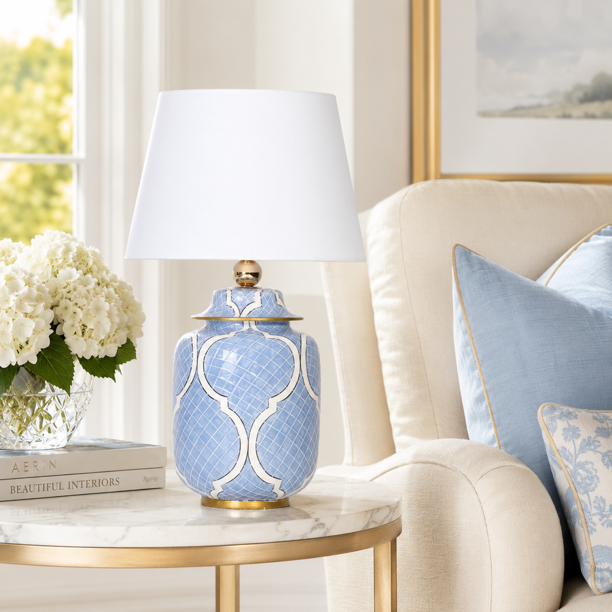 Light Blue Ceramic Ginger Jar Table Lamp with White Lattice & Gold Trim