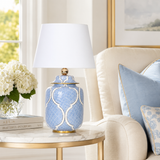 Light Blue Ceramic Ginger Jar Table Lamp with White Lattice & Gold Trim