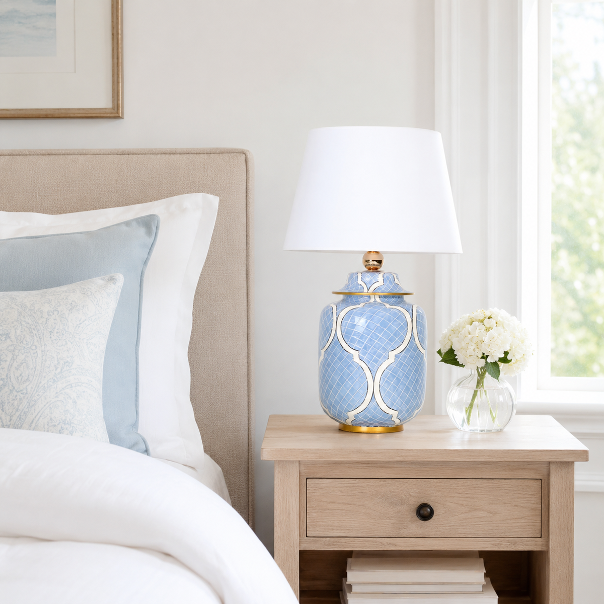 Light Blue Ceramic Ginger Jar Table Lamp with White Lattice & Gold Trim