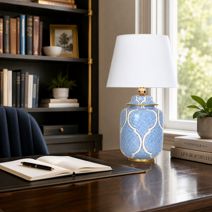 Light Blue Ceramic Ginger Jar Table Lamp with White Lattice & Gold Trim