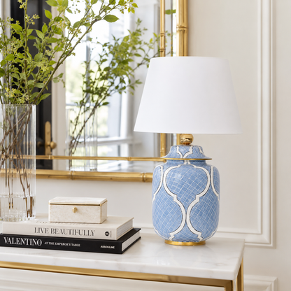 Light Blue Ceramic Ginger Jar Table Lamp with White Lattice & Gold Trim