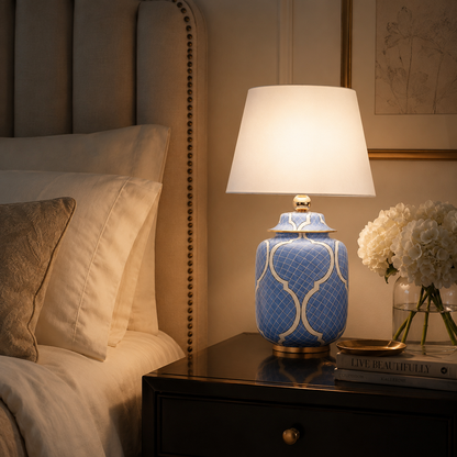 Light Blue Ceramic Ginger Jar Table Lamp with White Lattice & Gold Trim