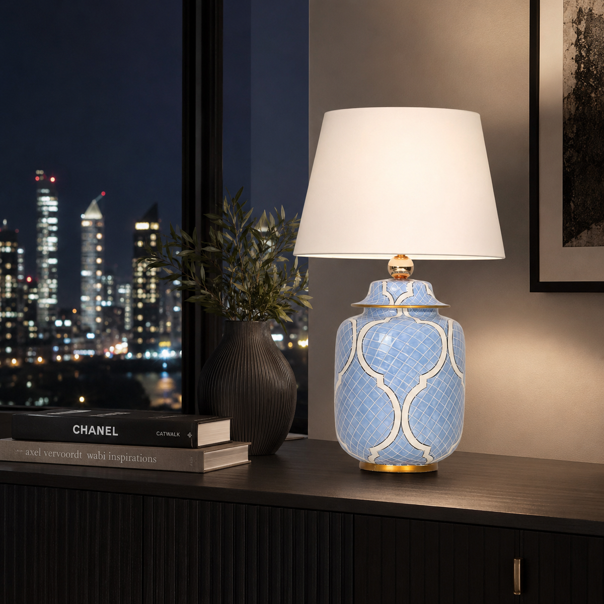 Light Blue Ceramic Ginger Jar Table Lamp with White Lattice & Gold Trim